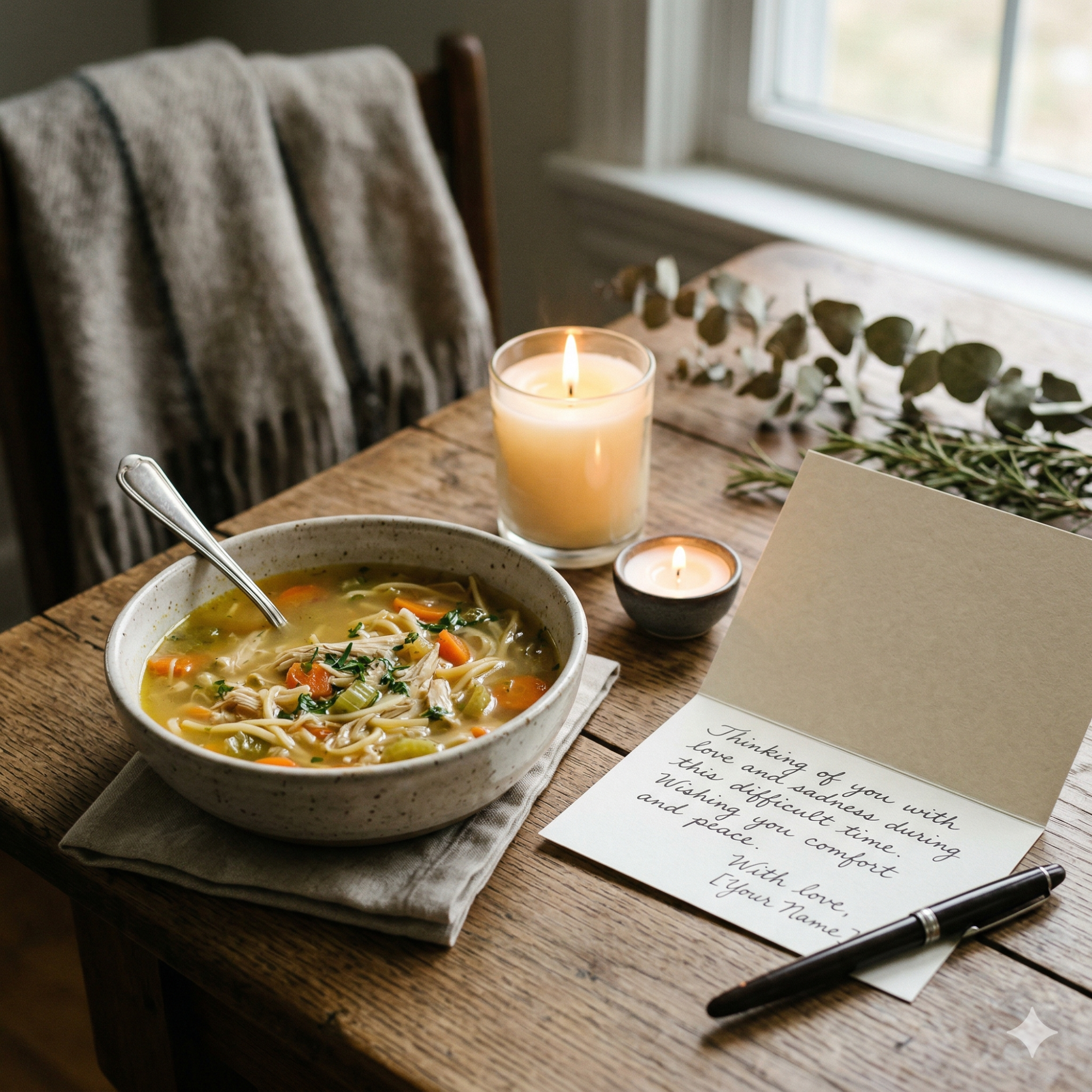 A warm, comforting scene representing care and sympathy — Souper Spices