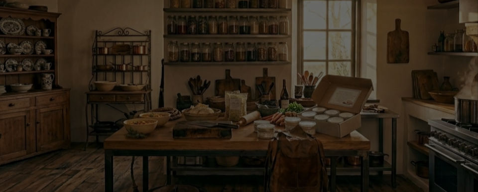 Kitchen interior with wooden table, shelves, and various kitchenware.