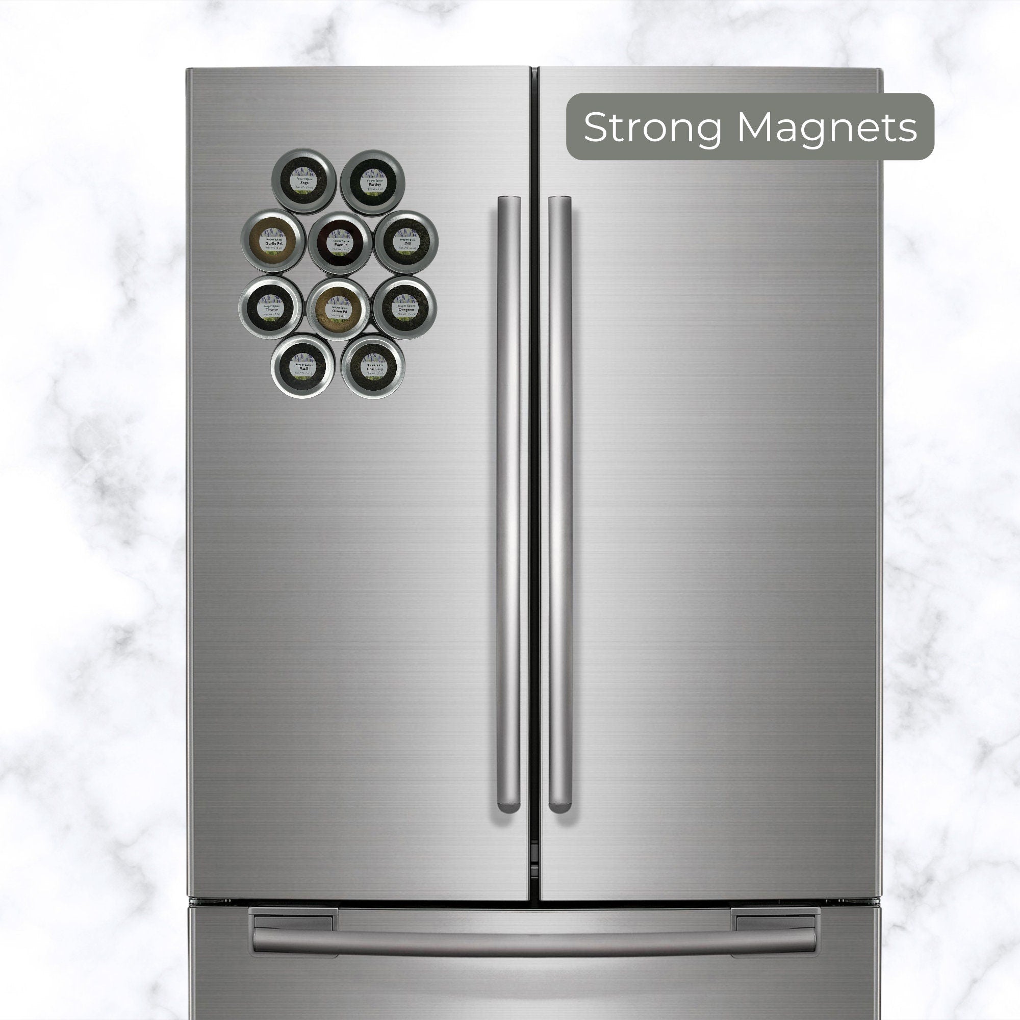 magnetic spice jars on a fridge