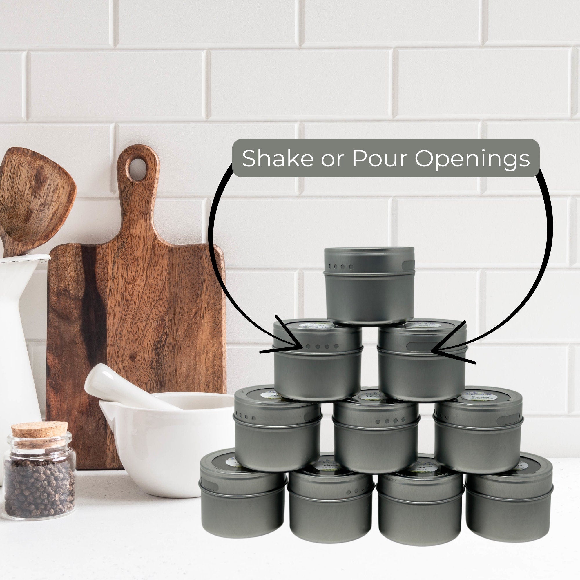 magnetic spice jars with shake or pour openings