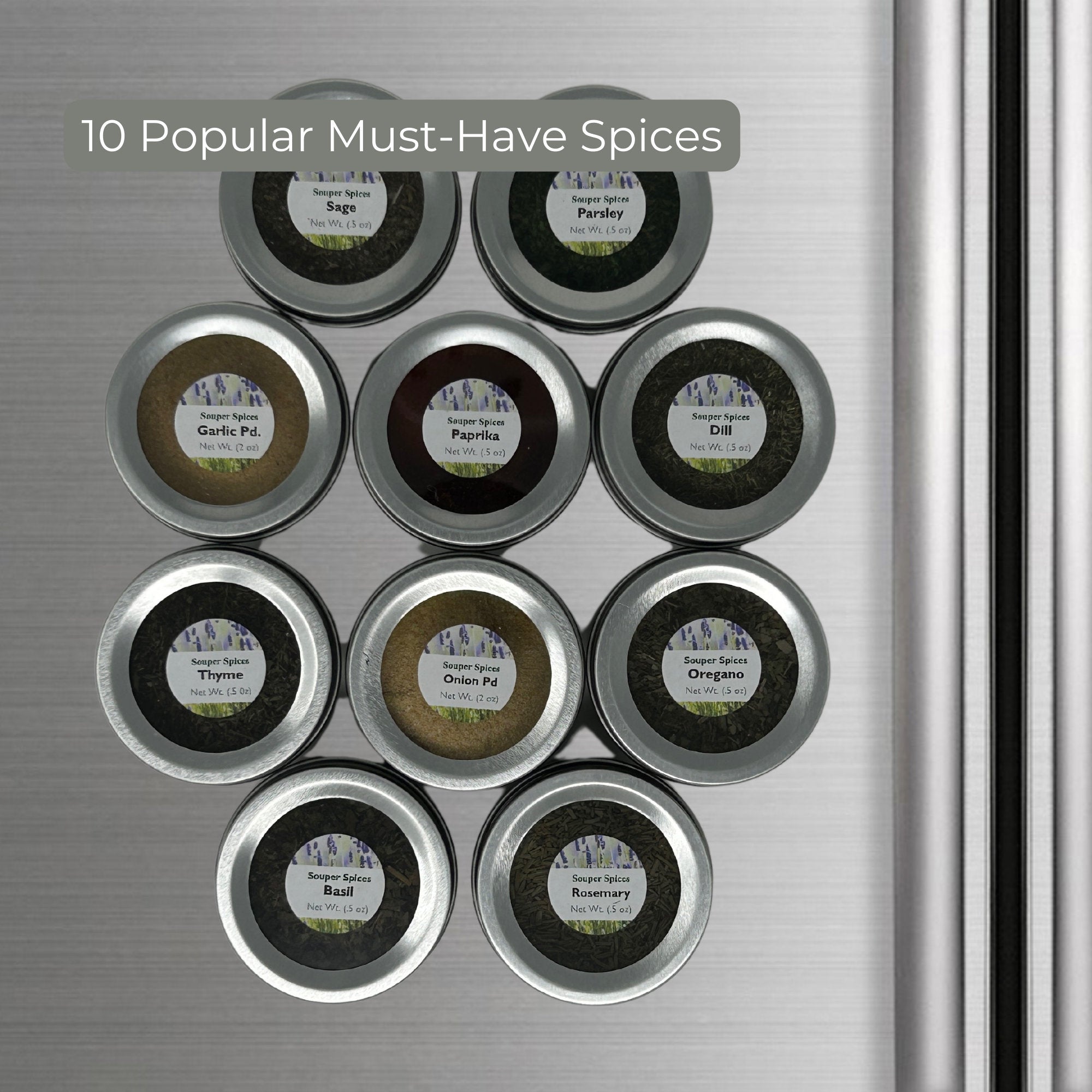 magnetic spice jars filled with the 10 most popular spices