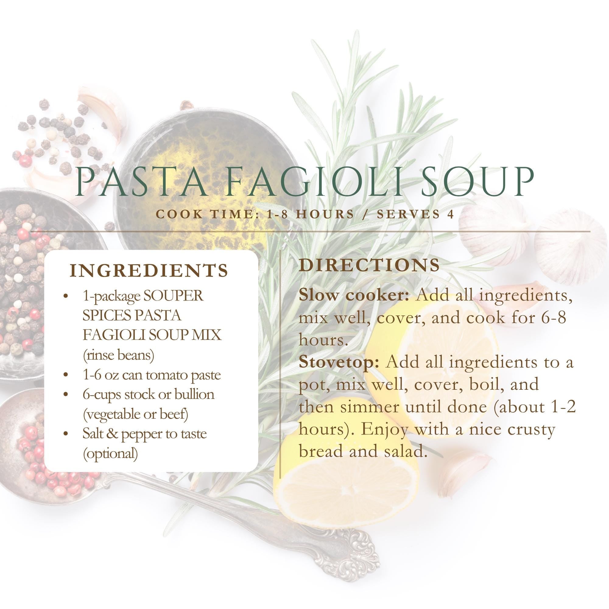 Homemade Pasta Fagioli Soup Mix, Easy Vegan Crockpot Meal, Low Sodium One-Pot Dinner, Comfort Food Gift, Slow Cooker Dinner, Gift for GF