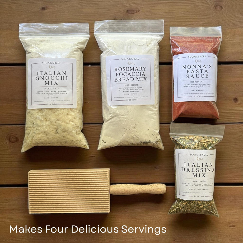 Homemade Italian Dinner Kit Gift Set, Easy Gourmet Gnocchi Pasta Sauce Focaccia & Dressing Mix, Complete Family Meal for Four, Culinary Gift