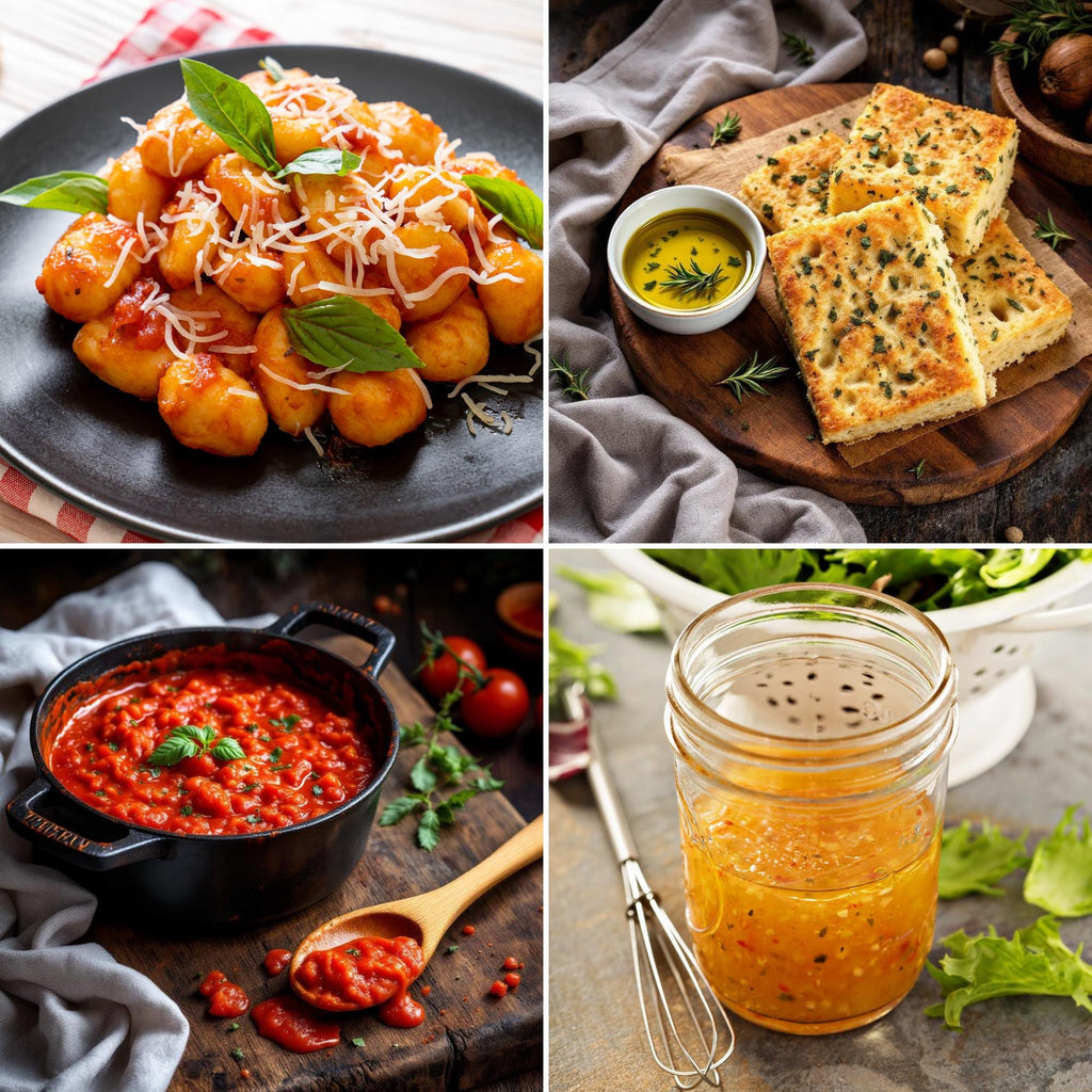 Homemade Italian Dinner Kit Gift Set, Easy Gourmet Gnocchi Pasta Sauce Focaccia & Dressing Mix, Complete Family Meal for Four, Culinary Gift