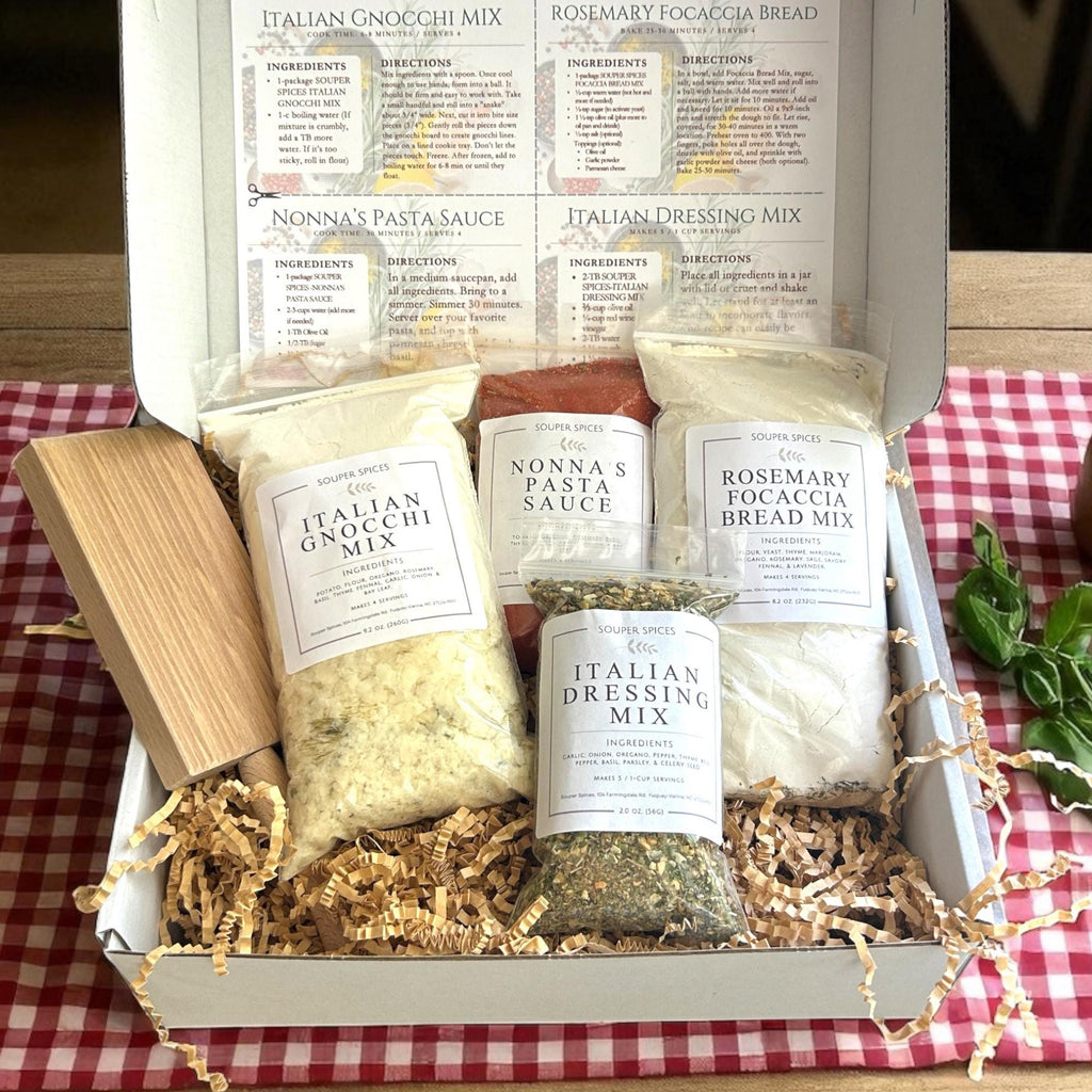 Homemade Italian Dinner Kit Gift Set, Easy Gourmet Gnocchi Pasta Sauce Focaccia & Dressing Mix, Complete Family Meal for Four, Culinary Gift