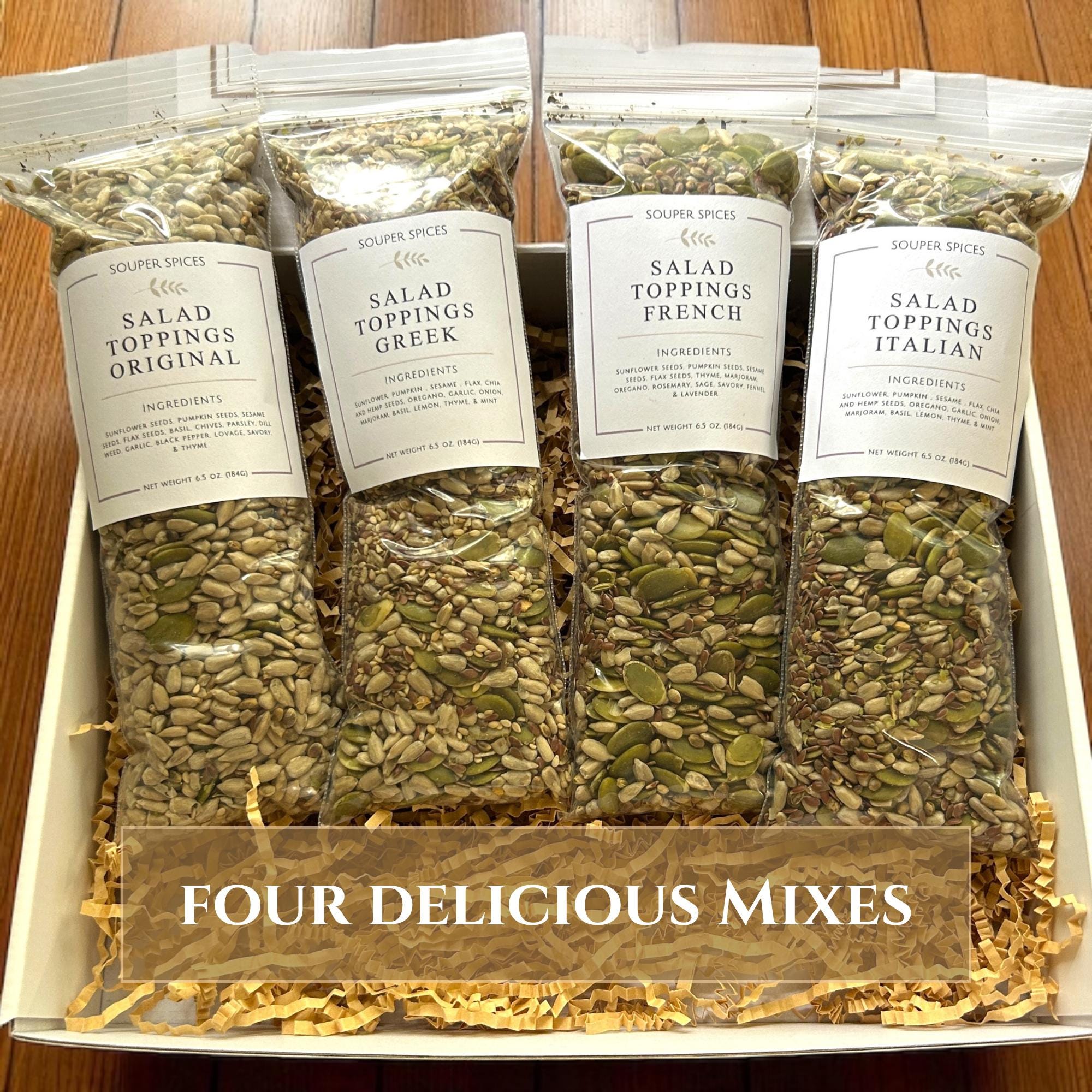 Healthy Salad Toppings Gift Set, Set of 4 Gourmet All-Natural Seasoning Blends, Vegan Gluten-Free Foodie Care Package, Nutritious Mix