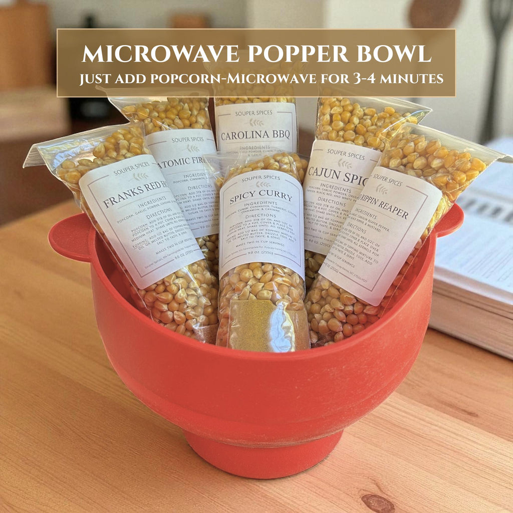 Hot & Spicy Popcorn Gift Set, Microwavable Popcorn Maker, 6 Gourmet Seasoning Blends, Unique Foodie Present, Christmas Birthday Teen Gift