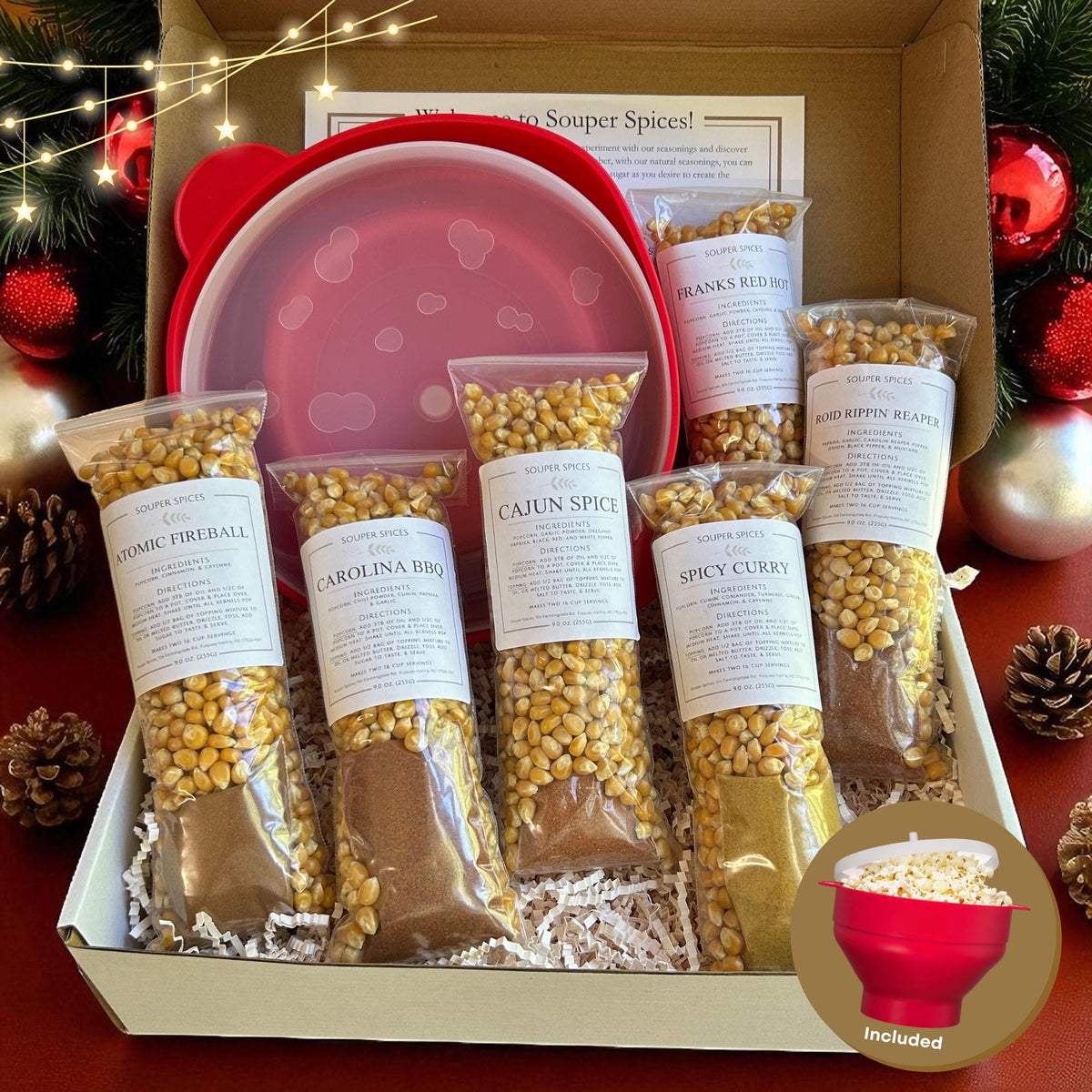 Hot & Spicy Popcorn Gift Set, Microwavable Popcorn Maker, 6 Gourmet Seasoning Blends, Unique Foodie Present, Christmas Birthday Teen Gift