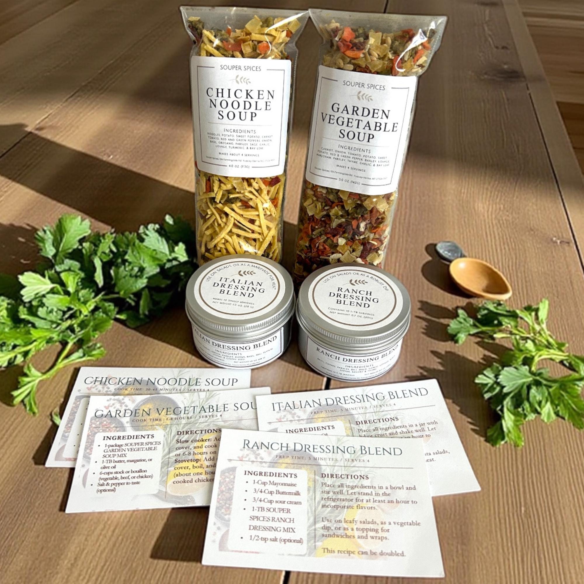 Homemade Soup & Salad Gift Box, 4 Mixes, Chicken Noodle, Garden Vegetable Soup, Easy Meal Prep Kit, Italian Ranch Dressing Comfort Food Gift