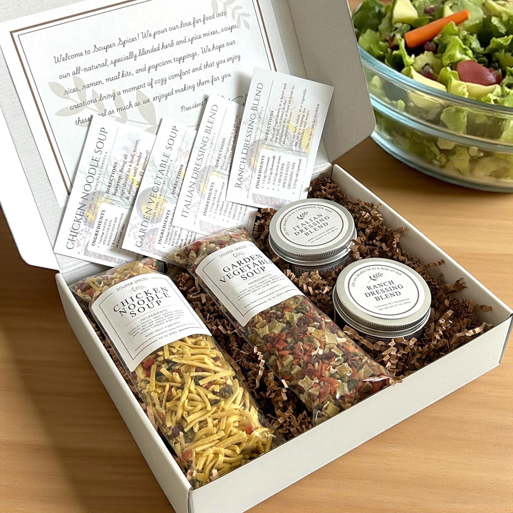 Homemade Soup & Salad Gift Box, 4 Mixes, Chicken Noodle, Garden Vegetable Soup, Easy Meal Prep Kit, Italian Ranch Dressing Comfort Food Gift