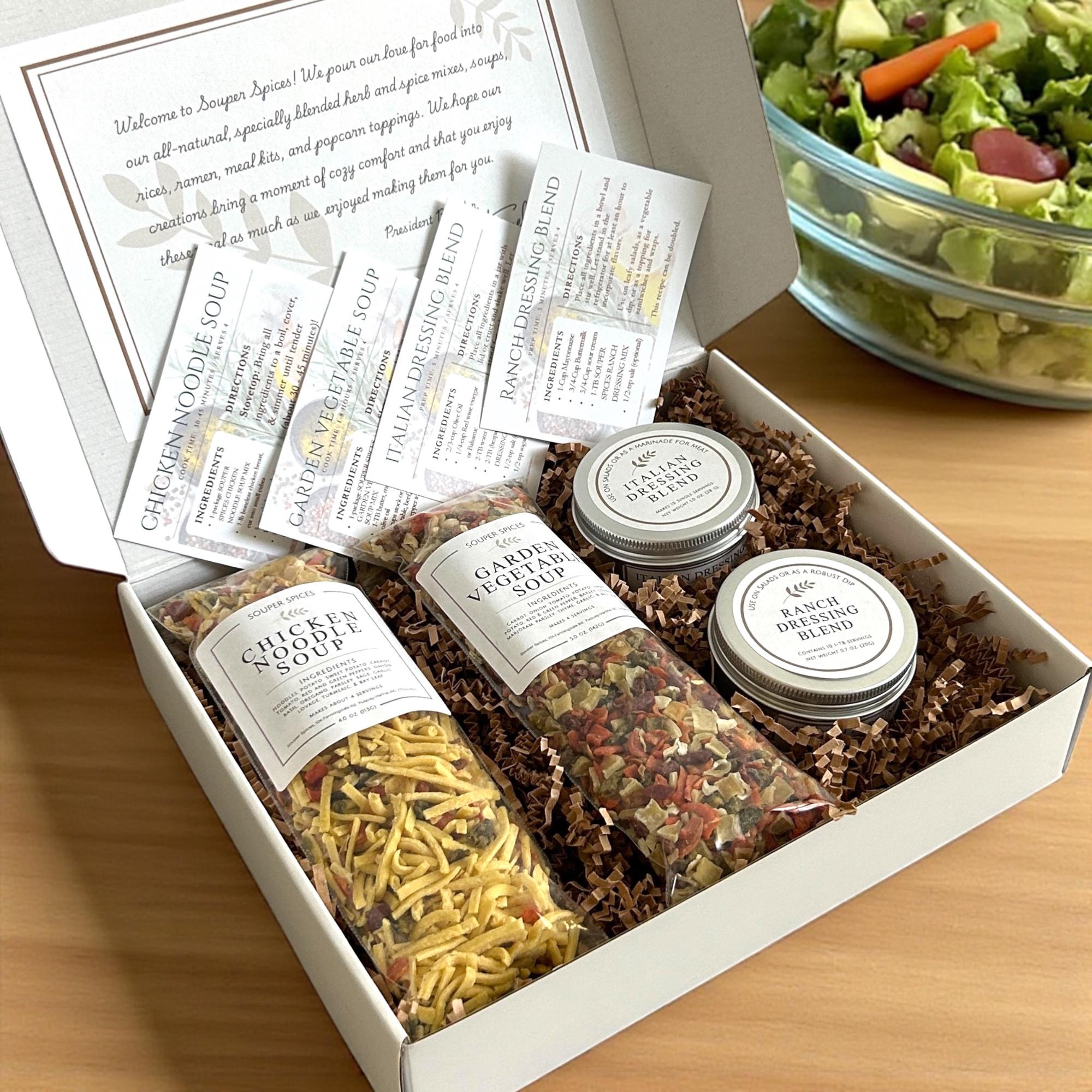 Homemade Soup & Salad Gift Box, 4 Mixes, Chicken Noodle, Garden Vegetable Soup, Easy Meal Prep Kit, Italian Ranch Dressing Comfort Food Gift