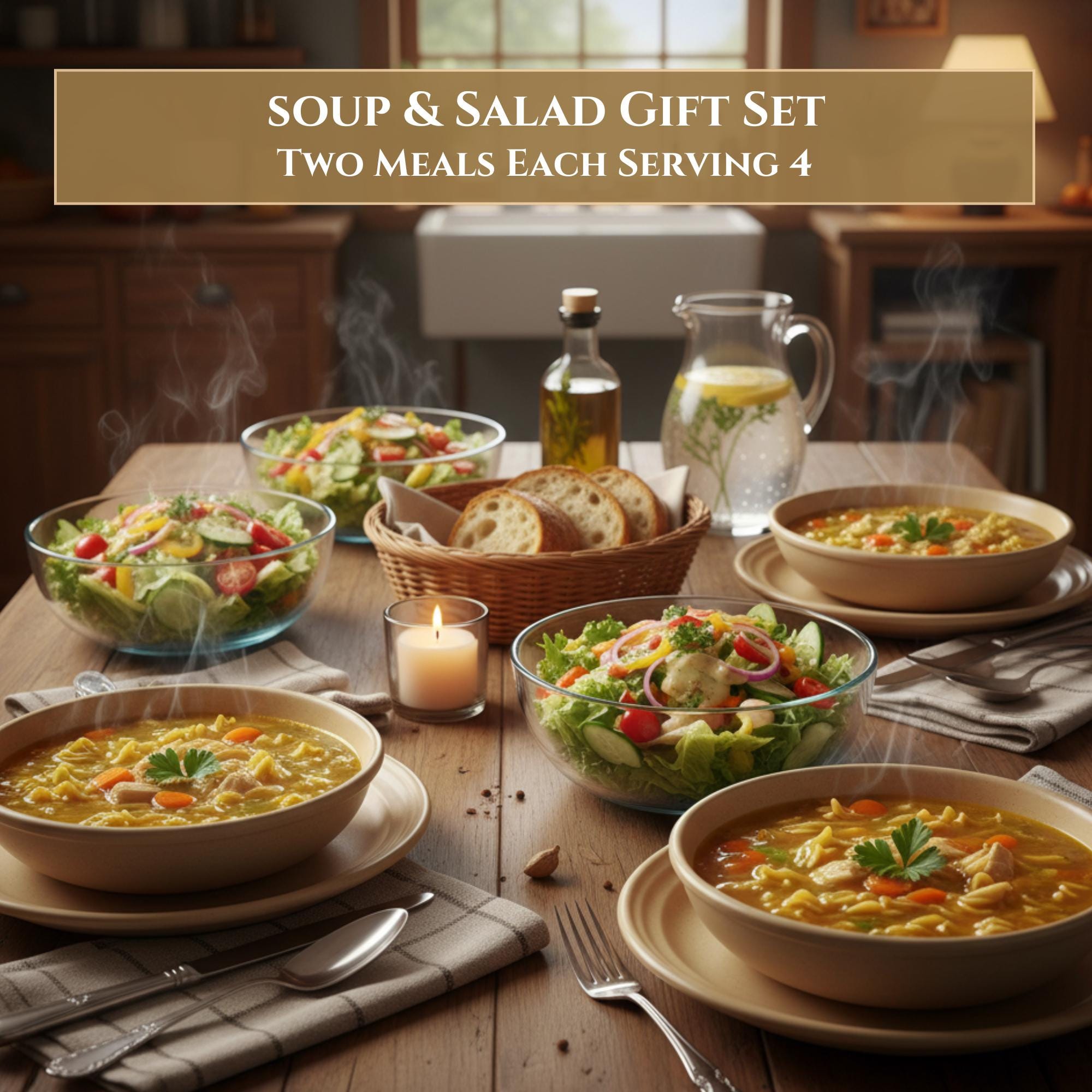 Homemade Soup & Salad Gift Box, 4 Mixes, Chicken Noodle, Garden Vegetable Soup, Easy Meal Prep Kit, Italian Ranch Dressing Comfort Food Gift