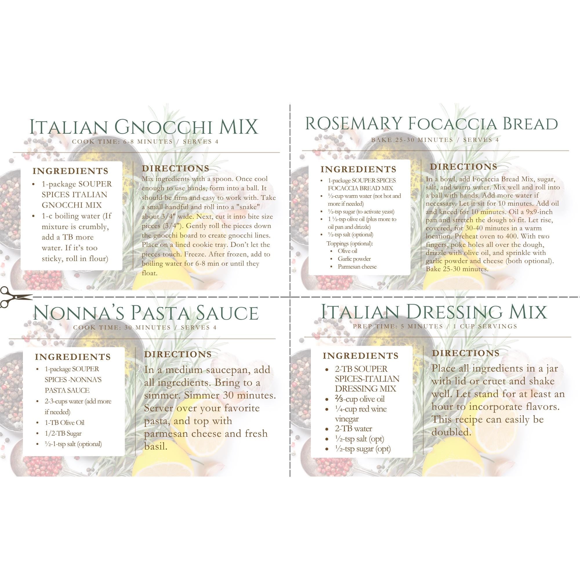 Homemade Italian Dinner Kit Gift Set, Easy Gourmet Gnocchi Pasta Sauce Focaccia & Dressing Mix, Complete Family Meal for Four, Culinary Gift