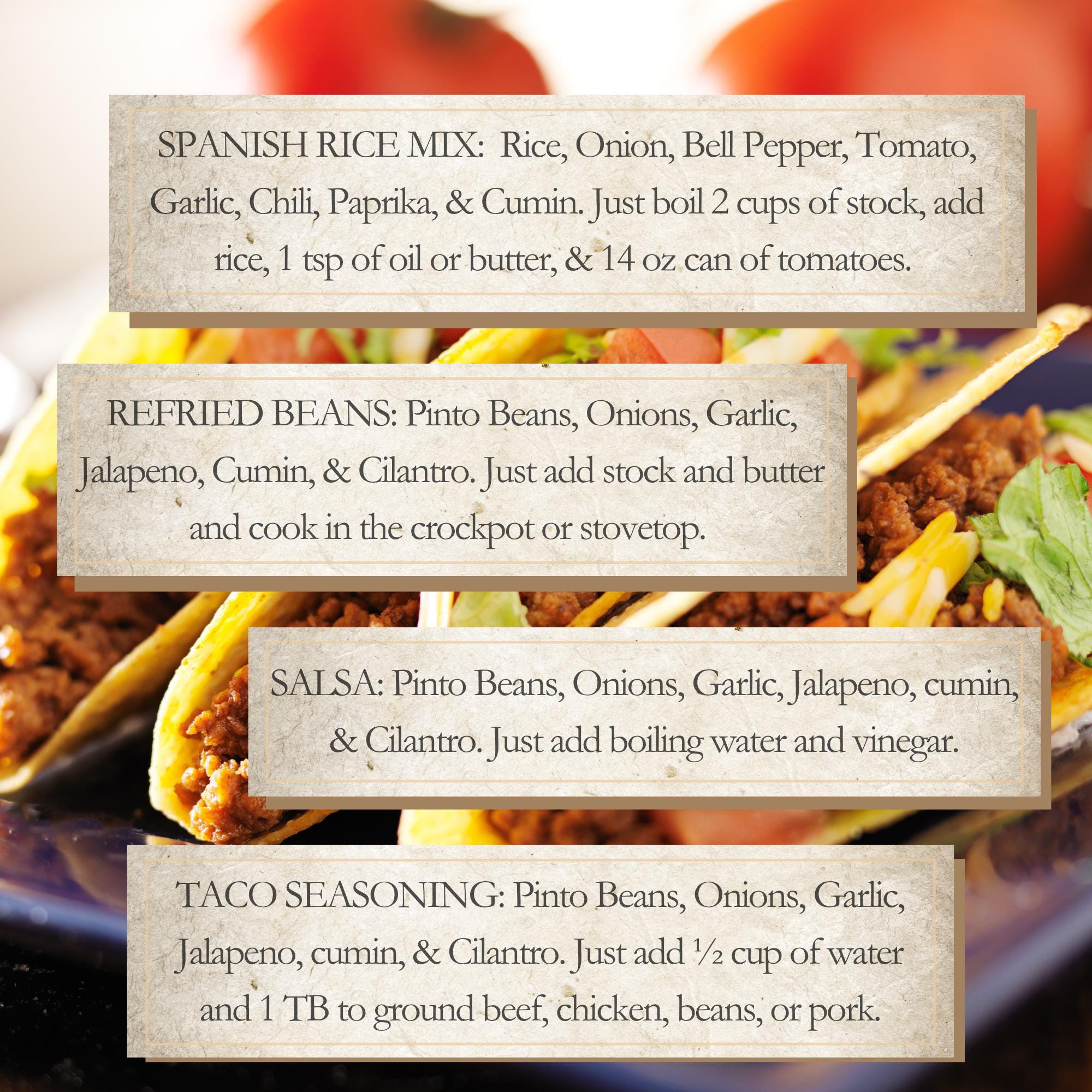 Homemade Taco Tuesday Dinner Kit, Mexican Meal Gift Set, Spanish Rice Mix, Refried Beans, Taco Seasoning, Salsa, Culinary Gift