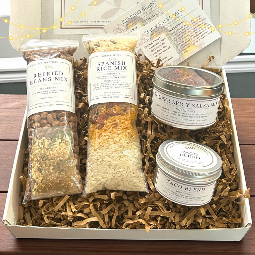 Homemade Taco Tuesday Dinner Kit, Mexican Meal Gift Set, Spanish Rice Mix, Refried Beans, Taco Seasoning, Salsa, Culinary Gift