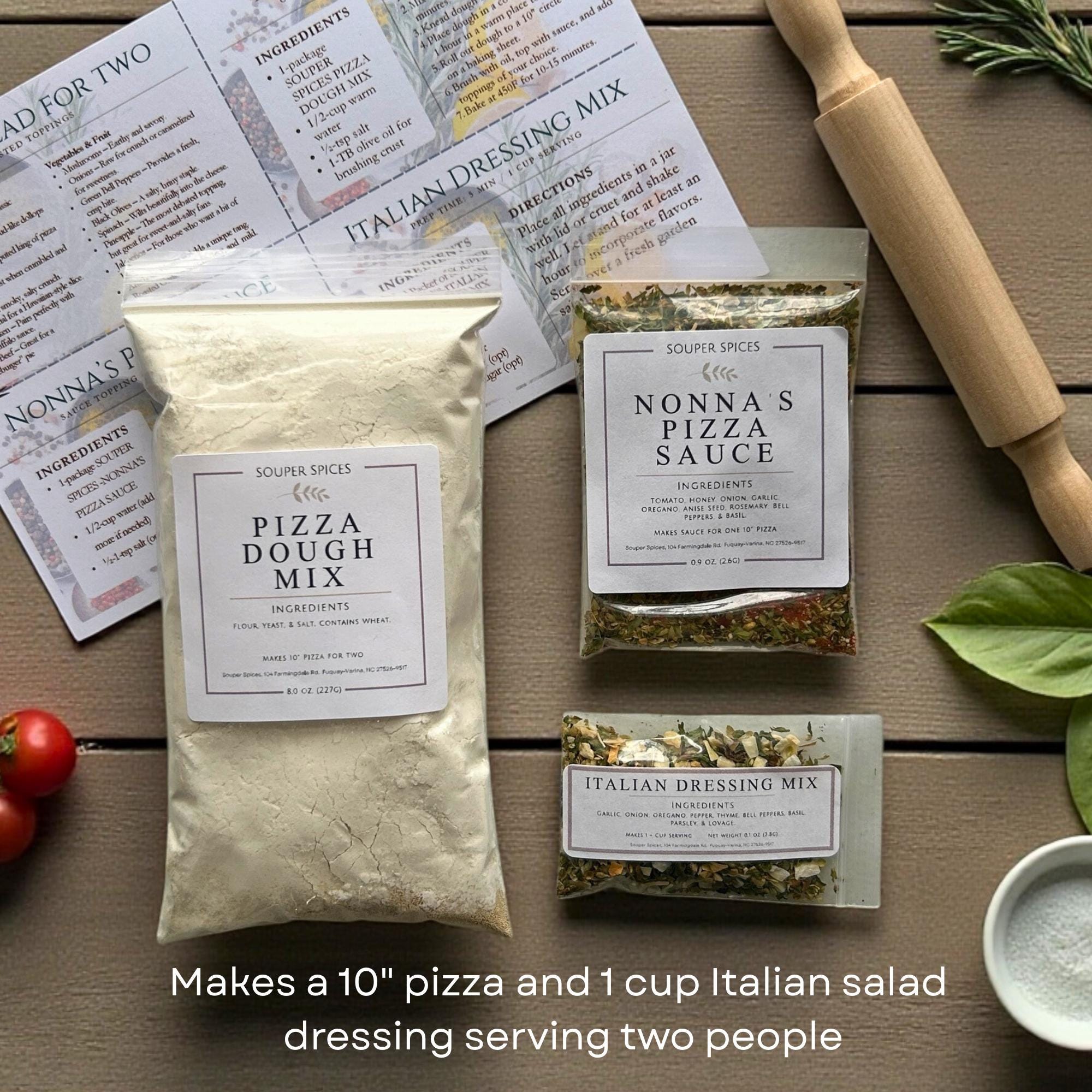 Date Night Experience Pizza & Salad Meal Kit for 2, Homemade Pizza Sauce Dough Mix Gourmet Food Gift, Italian Dressing Pizza Making Kit