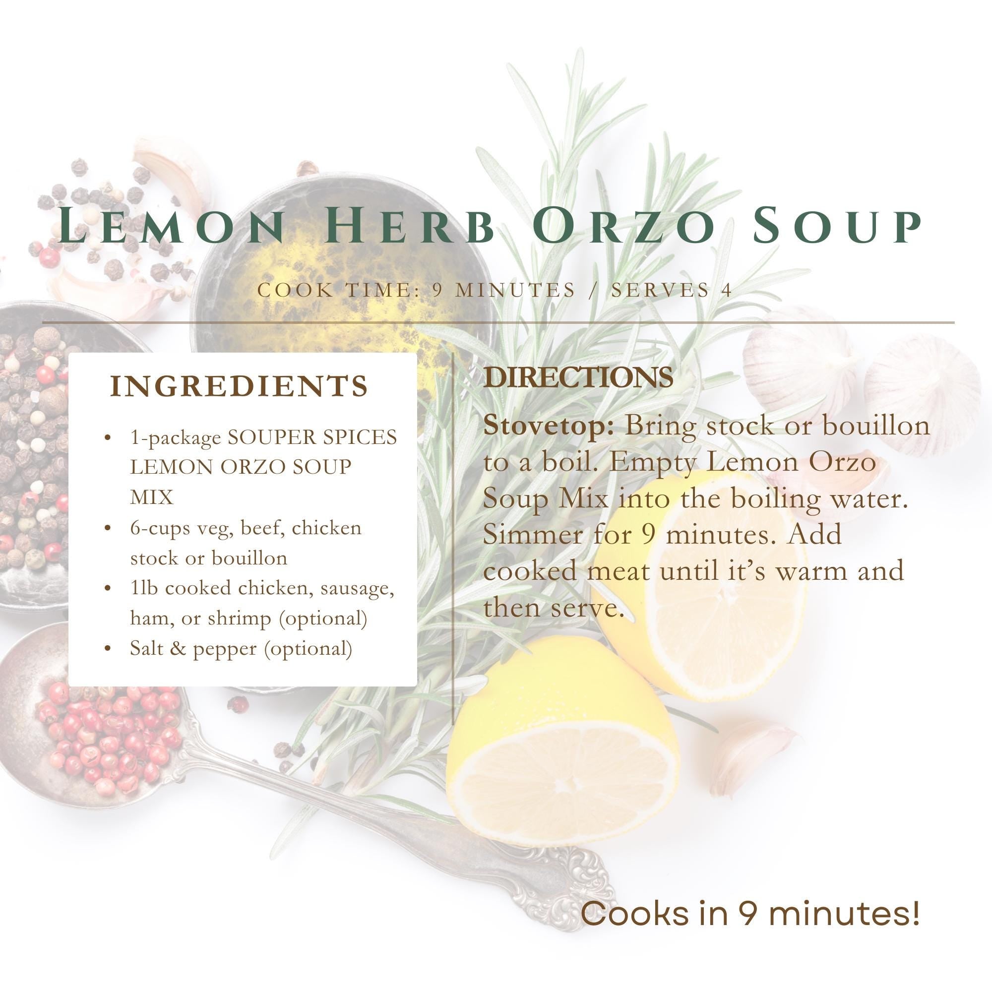 Homemade Lemon Herb Orzo Soup Mix, Fast Easy Nutritious Family Meal, Zesty Citrus Vegetarian Dinner, Great Gift for Busy Moms