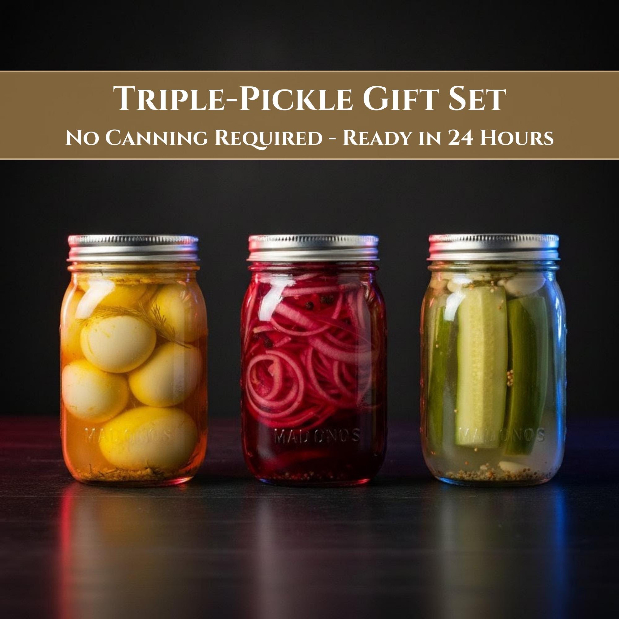 Gourmet Triple-Pickle Gift Set – Ready in 24 Hours, No Canning Required - Artisan Cucumber, Onion & Pickled Eggs – Unique Foodie Present