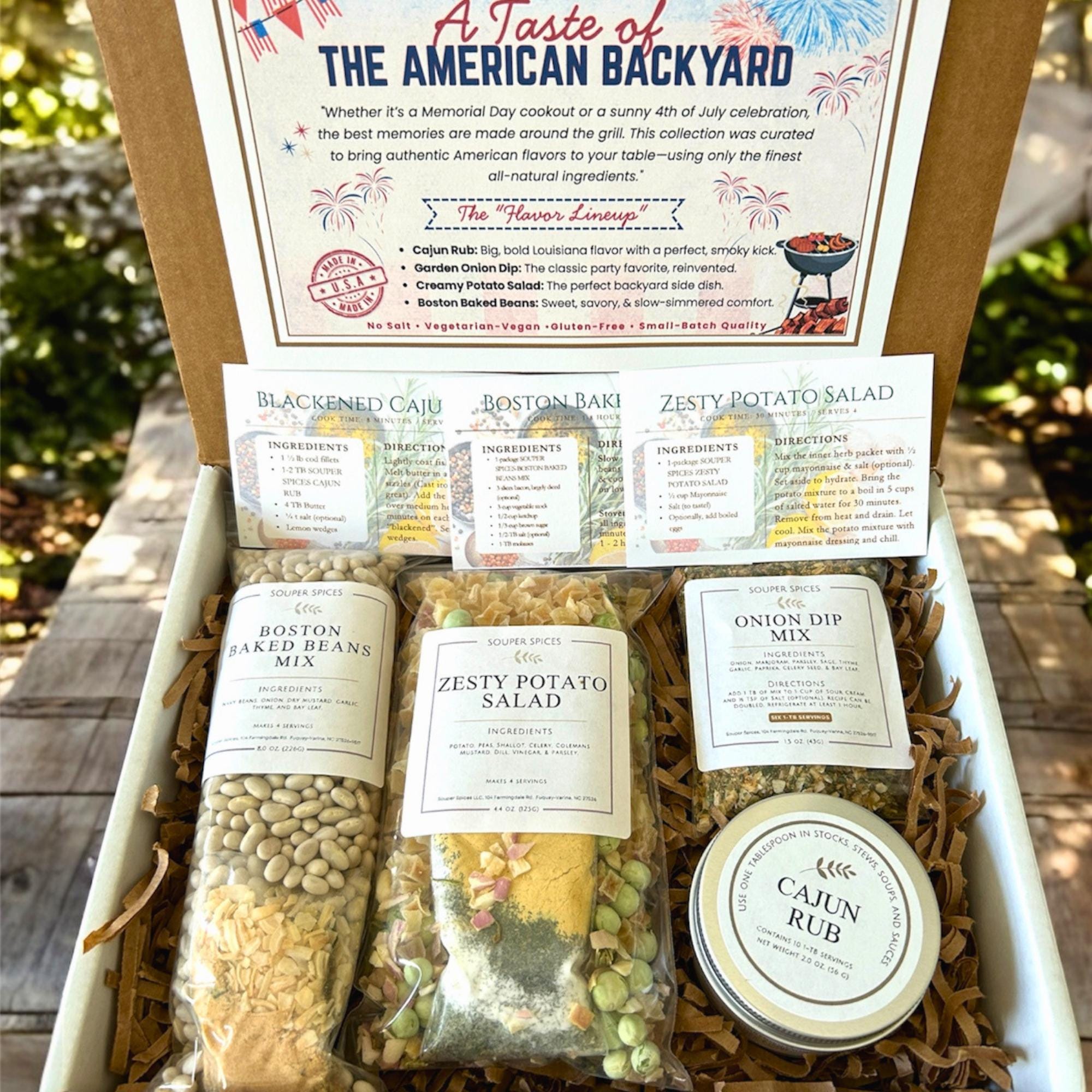 American backyard patriotic BBQ gift box, 4th of July summer cookout picnic food, zesty potato cajun bean holiday care package