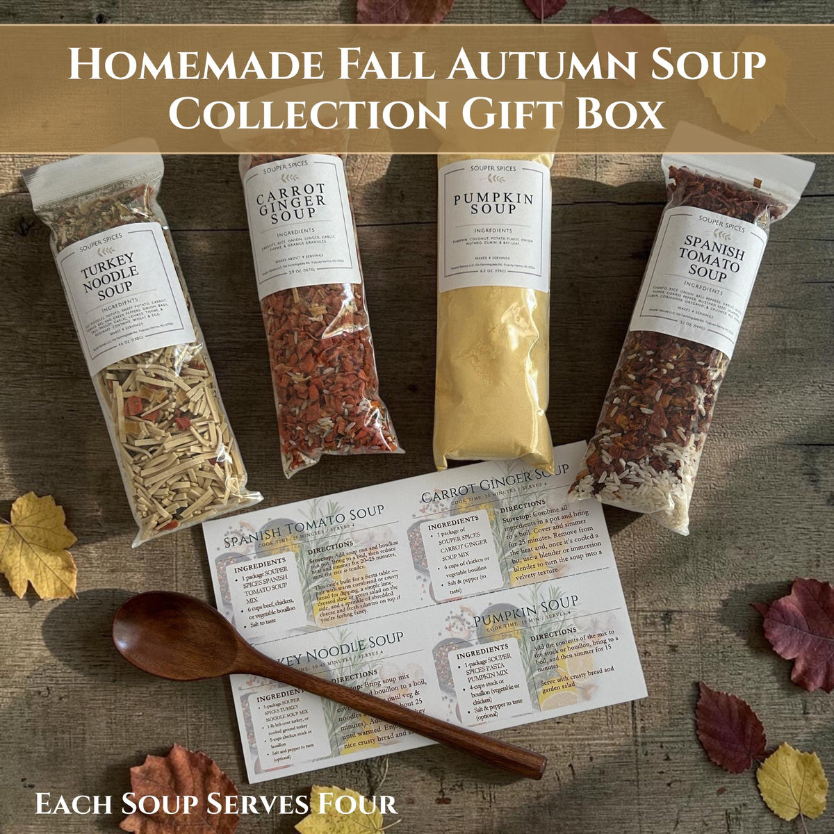 Packaged soup mixes displayed with fall soup gift set packaging