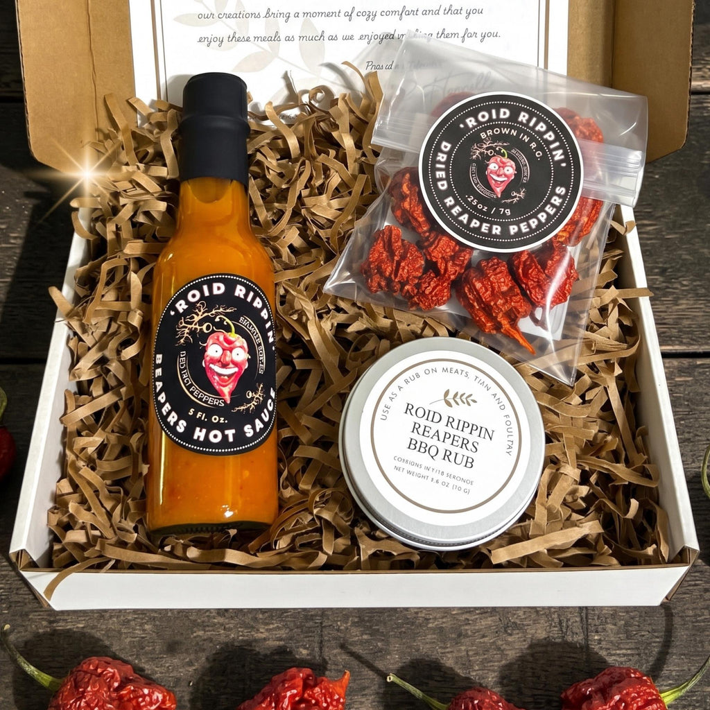 Carolina Reaper Pepper Trio Gift Box | Extreme 2.2M Scoville hot sauce BBQ rub dried peppers set, ultimate spicy food care package for men