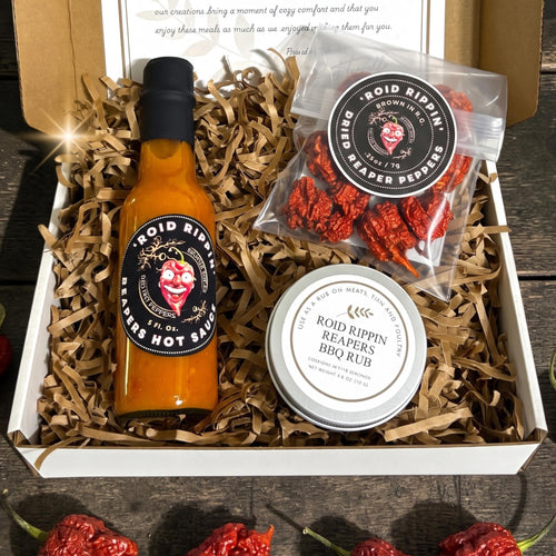 Carolina Reaper Pepper Trio Gift Box | Extreme 2.2M Scoville hot sauce BBQ rub dried peppers set, ultimate spicy food care package for men