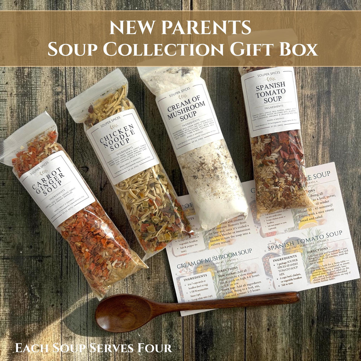 New Parents Soup Gift Basket | 4 Easy 20-Minute Comfort Meals, Wooden Spoon & Recipe Cards – Postpartum Baby Shower Care Package