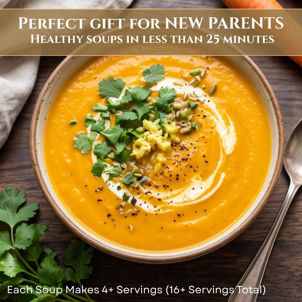 New Parents Soup Gift Basket | 4 Easy 20-Minute Comfort Meals, Wooden Spoon & Recipe Cards – Postpartum Baby Shower Care Package