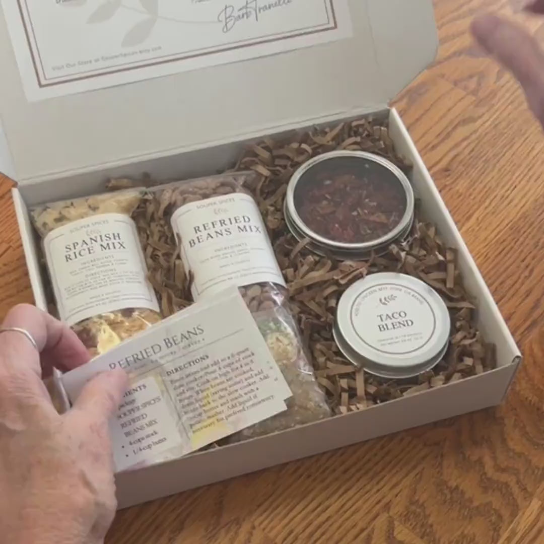 Homemade Taco Tuesday Dinner Kit, Mexican Meal Gift Set, Spanish Rice Mix, Refried Beans, Taco Seasoning, Salsa, Culinary Gift